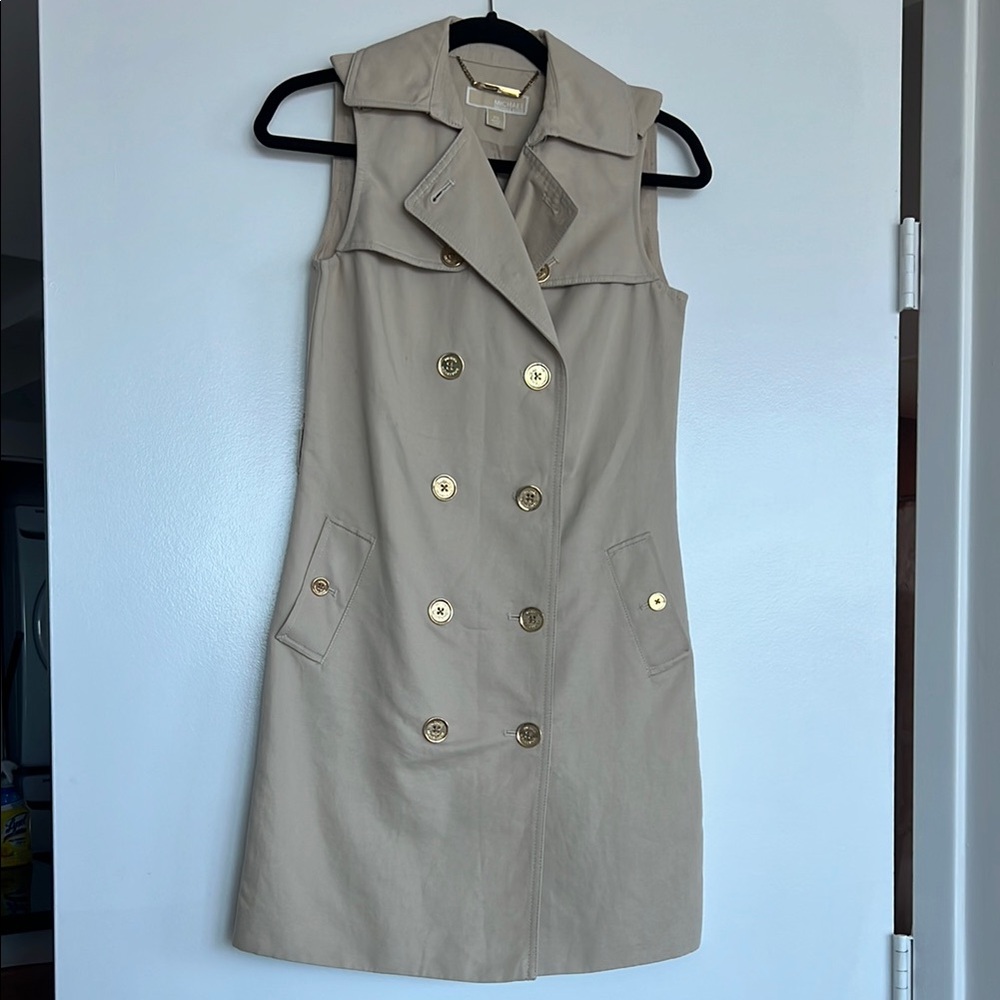 Michael Kors Sleeveless Trench Dress Beige Gold Button Midi XS Belted Chic